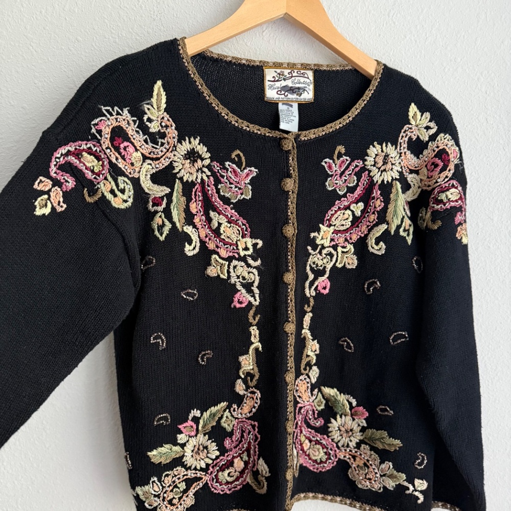 Vintage Heirloom Collectibles Floral Embroidered Granny Knit Cardigan Womens S